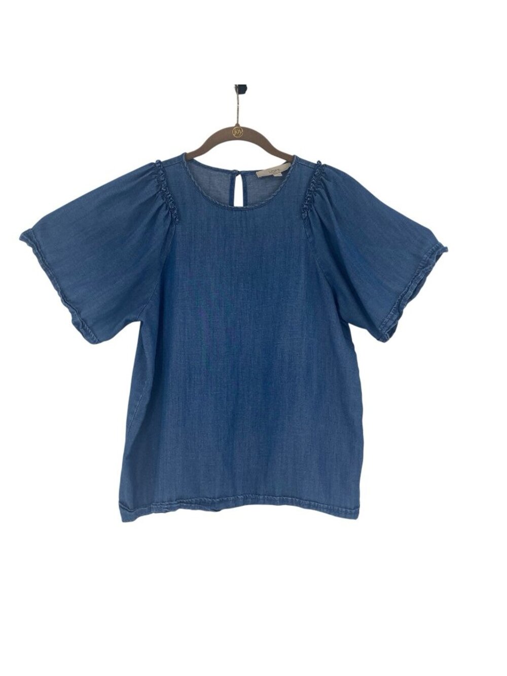 LOFT Size Petite M Blue Chambray Denim Puff Sleeve Blouse